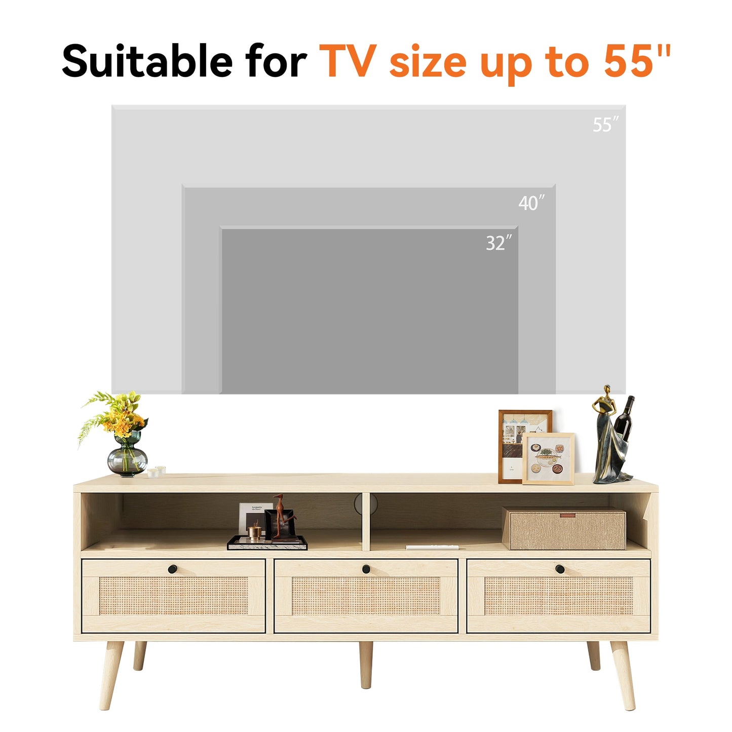 Covered Outdoor Rattan TV Stand for 45 Inch TV with Solid Wood Legs, Natural TV Console Table for Living Room, 135 lbs Load Capacity, with Cable Management and Large Storage Space