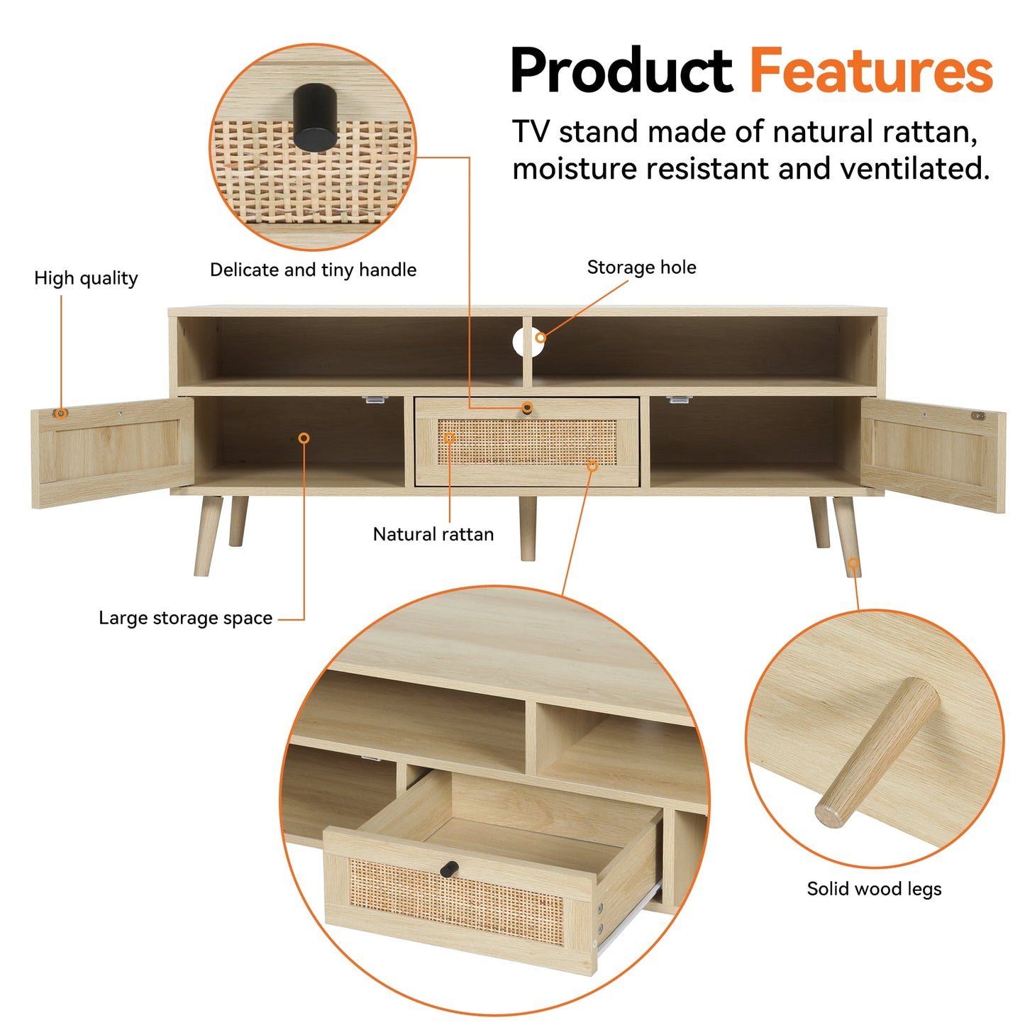 Covered Outdoor Rattan TV Stand for 45 Inch TV with Solid Wood Legs, Natural TV Console Table for Living Room, 135 lbs Load Capacity, with Cable Management and Large Storage Space