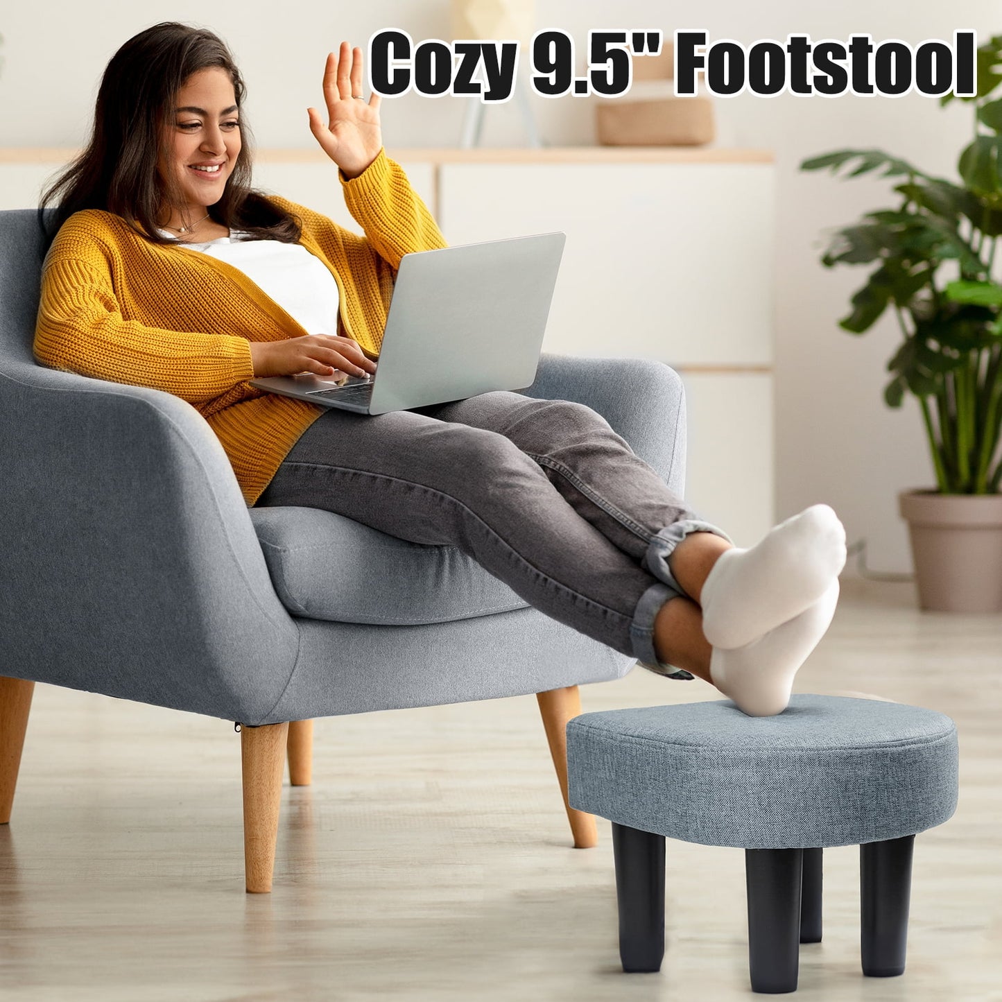 Allinside Ottoman Footstool with Handle, D-Shaped Linen Footrest, 9.5" H Rectangular Shoe Seat Step Stool, Soft Sponge Foot Stool for Living Room, Bedroom, Couch, Entryway (Grey)