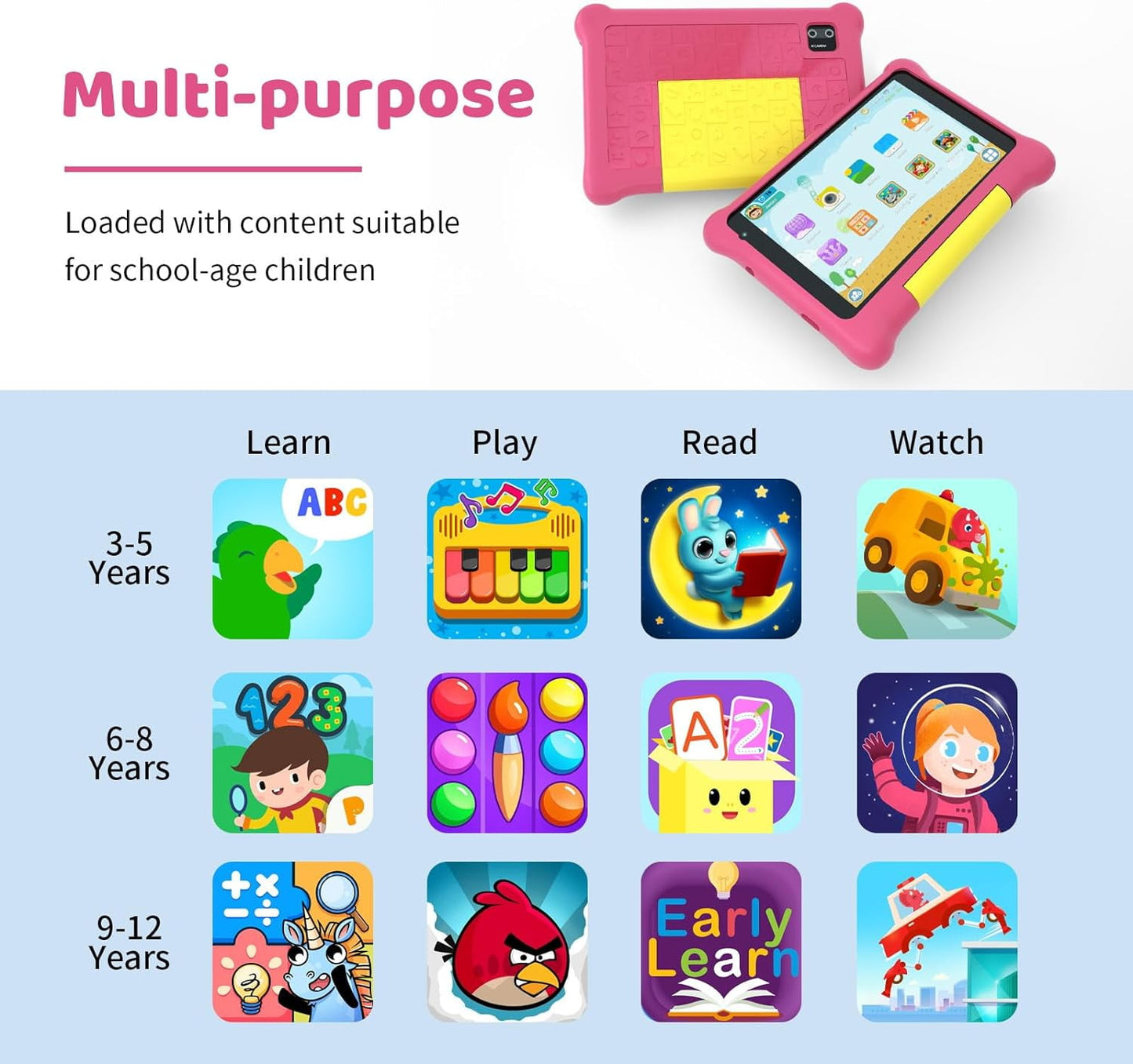 AEEZO Kids Tablet 7inch,2GB RAM+32GB ROM Android 12 with Case, Wifi, Bluetooth, Parental Control Mode, Kidoz,Dual Camera, Eye Protection, Google Services Learning Tablet (Pink)