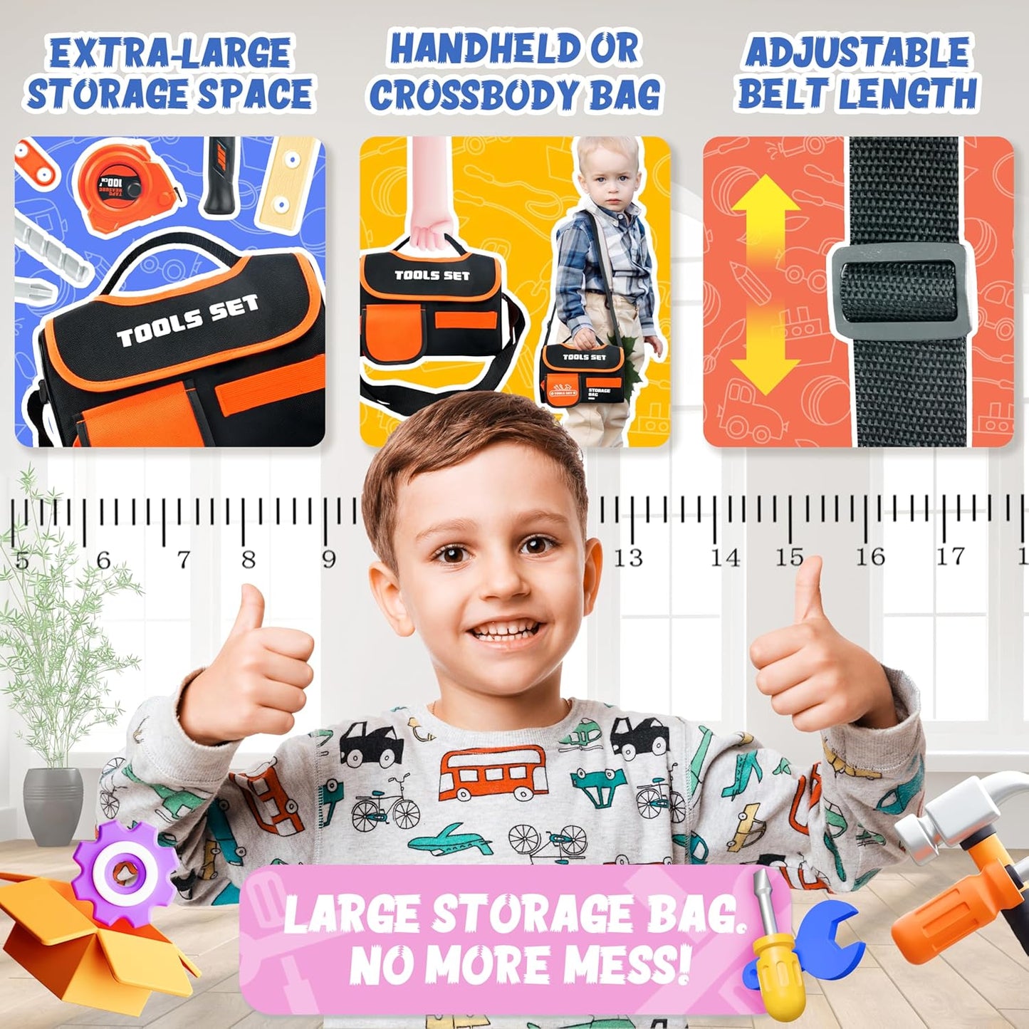 YCFUN 48pcs Kids Tool Sets Tool Belt with Electronic Drill, Pretend Play Construction Toys for Boys Girls Ages 3+