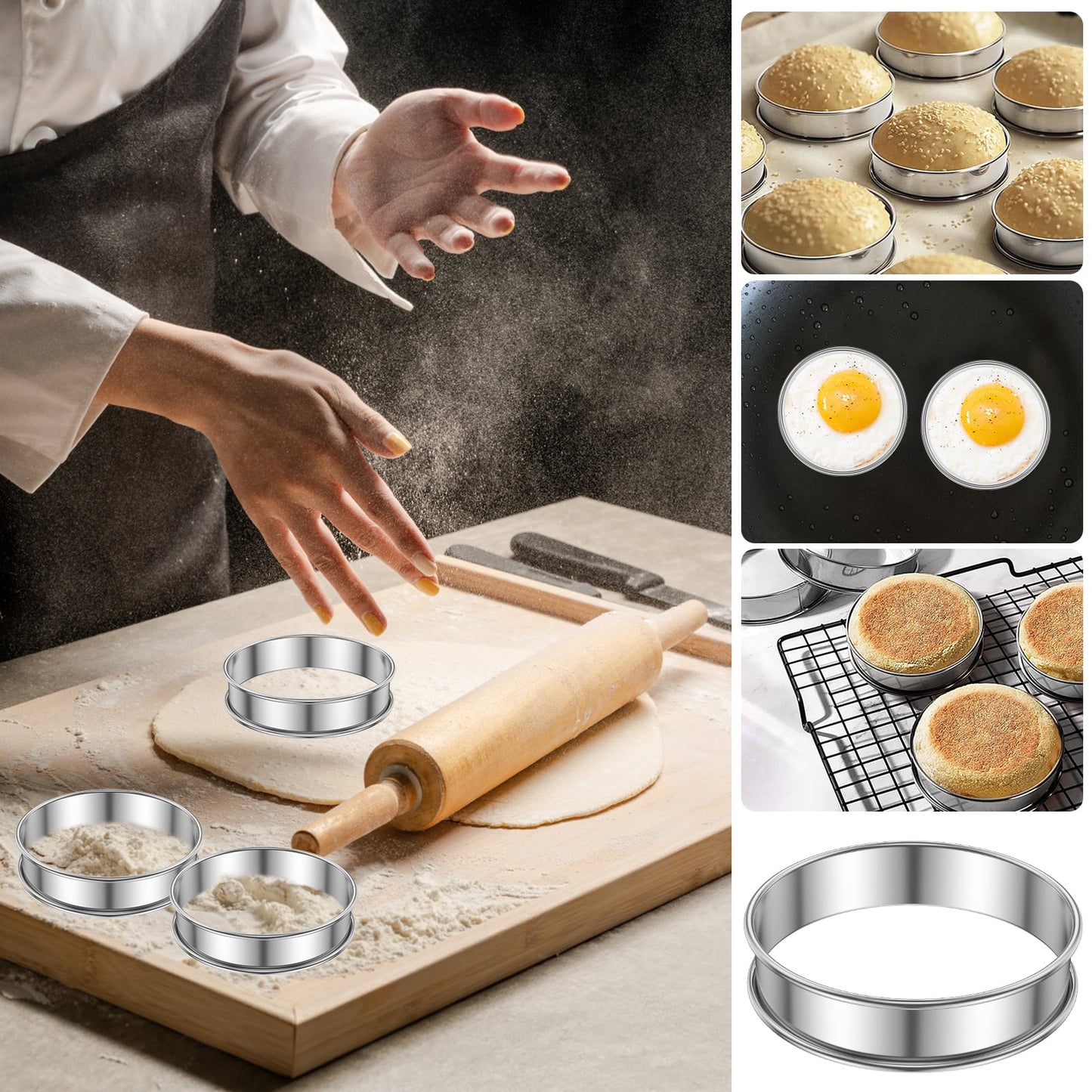 12Pcs English Muffin Rings 304 Stainless Steel Crumpet Rings Nonstick Tart Rings Double Rolled Muffin Tart Rings Crumpet Ring Molds Pastry Ring Molds Muffin Rings for Home Baking Eggs Pancakes