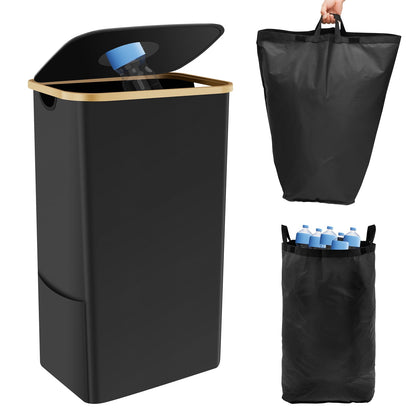 105L Recycling Bin Large Capacity Recycle Bin with Lid Removable Reusable Bag Foldable Collecting Bottle Can Portable Recycling Storage Container Bamboo Handle Recycle Bottle Bin for Kitchen Indoor