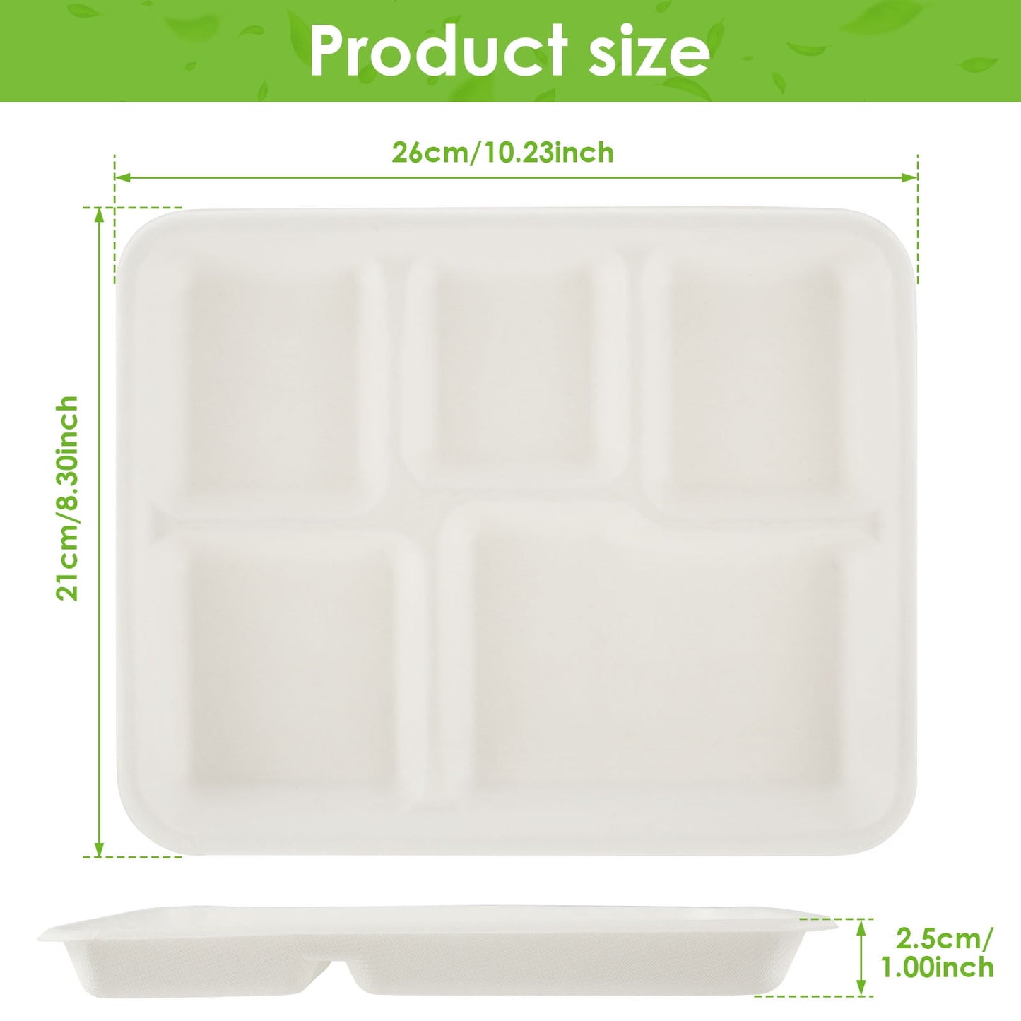 100% Compostable 5 Compartment Plates,50Pack Disposable Paper Plates,Heavy-Duty Biodegradable Sugarcane Plates,Eco-Friendly School Lunch Trays