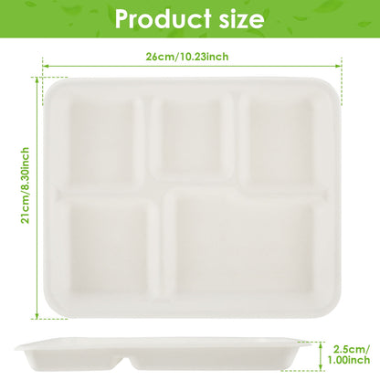 100% Compostable 5 Compartment Plates,50Pack Disposable Paper Plates,Heavy-Duty Biodegradable Sugarcane Plates,Eco-Friendly School Lunch Trays