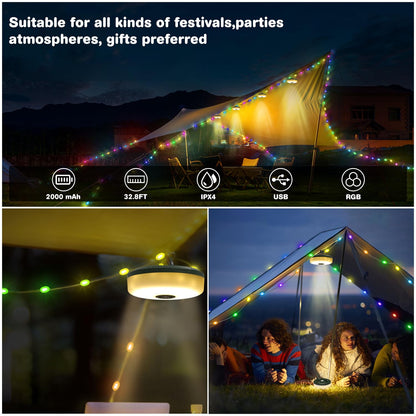 2 In 1 Outdoor Camping Light String With 8 Lighting Modes (32.8ft), 30 Seconds Fast Recovery, Durable Waterproof, usb Rechargeable for Camping and Hiking