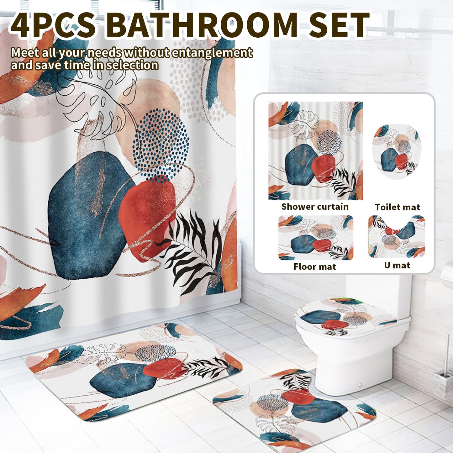 Dznils Abstract Boho Fabric Shower Curtain and Rug Sets, 16pc Modern Bathroom Sets, Navy, 72" x 72"