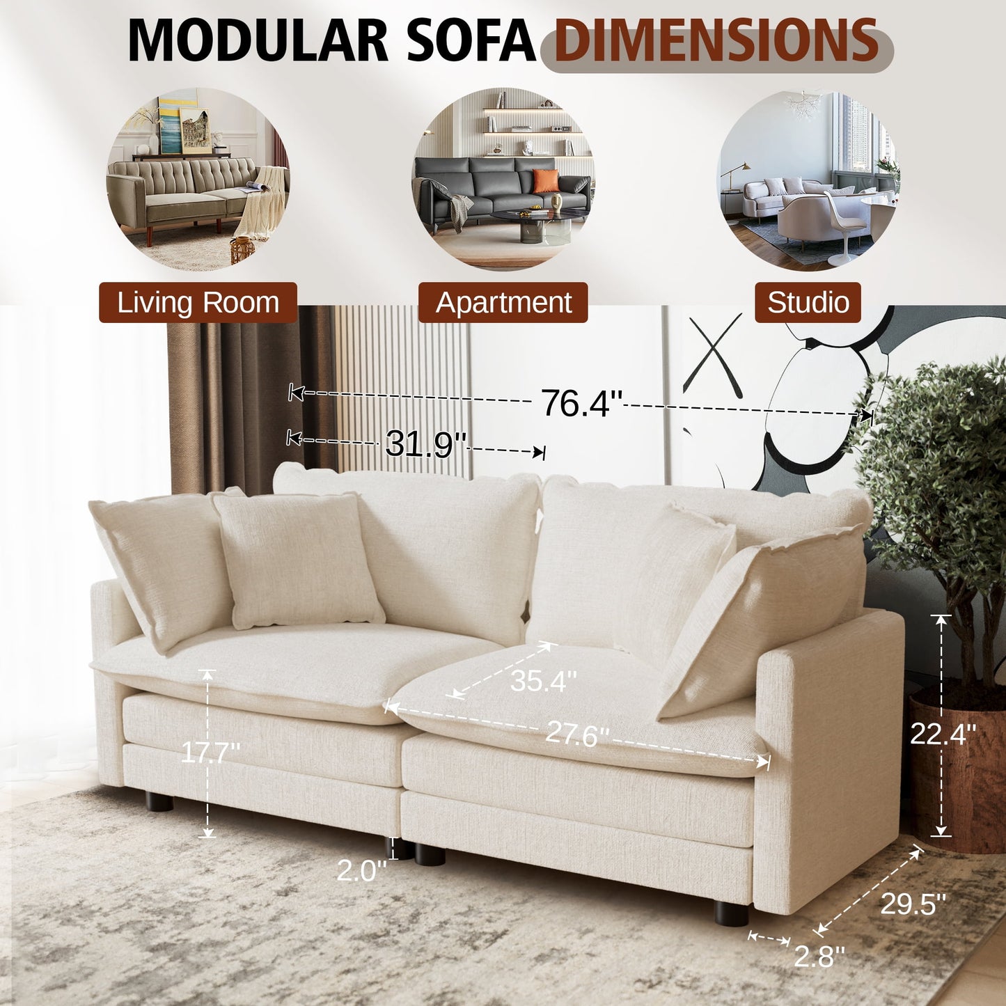 CoolHut Sectional Sofa Couch, 2 Seats Sofa with 4 Pillows, Modern Oversized Sofa Set for Living Room, Beige