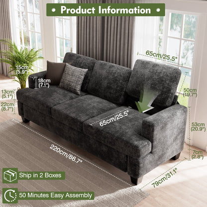 CoolHut Comfy Sofa Couch for Living Room, Upholstered Deep 3 Seats Couch with Chenille Fabric, Reovable Cover, 3 Pillows, Dark Gray