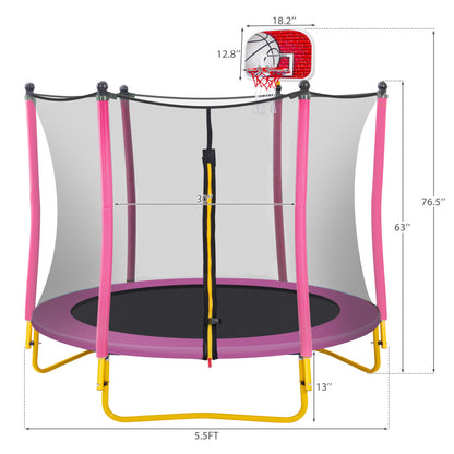 5.5FT Jump Recreational Trampolines for Kids,65" Mini Toddler Trampoline Weight Capacity 220 lbs with Safe Enclosure Net, Basketball Hoop and Ball for Indoor & Outdoor (Pink)