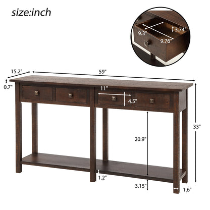 Console Table, Rustic Brushed Texture Sideboard with 4 Storage Drawer and Open Shelf, Wood Sofa Table for Living Room, Easy Assembly, 59"L x 15.2"W x 33"H, Espresso