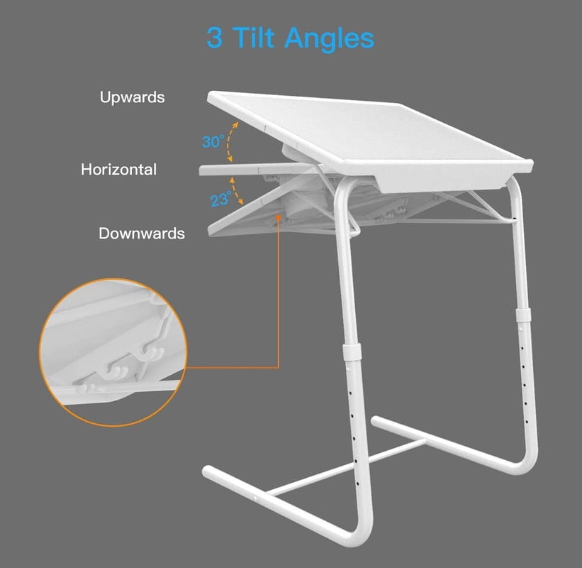 CHITOOMA Adjustable TV Tray Table with Cup Holders, Portable Dinner Tray Table, Foldable, 6 Heights&3 Tilt Angle for Living Room Office Bedroom, White