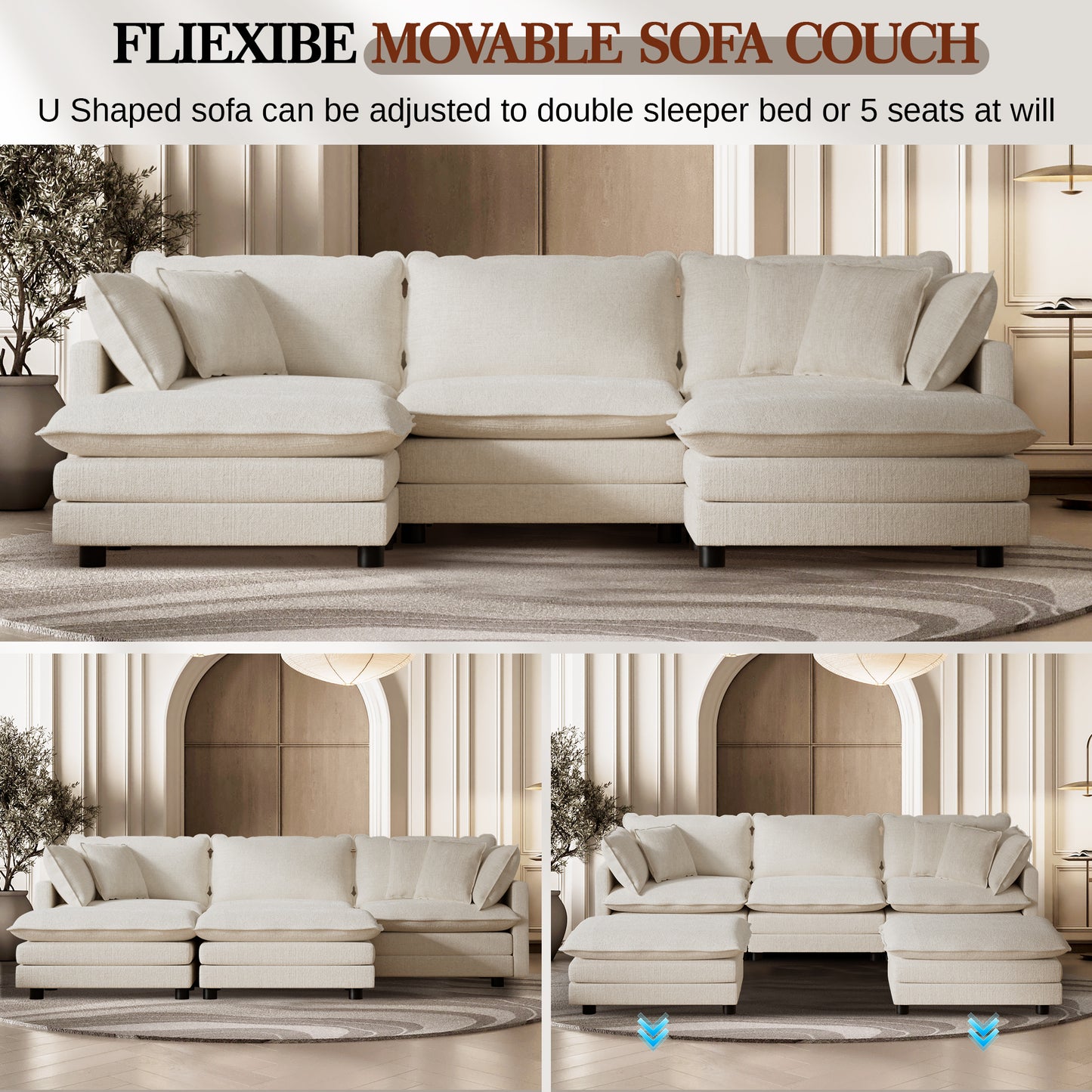 CoolHut U-Shaped Sectional Sofa Set with 2 Ottoman, 3 Seats Sofa Couches with 5 Pillows, Modern Oversized Sofa Set for Living Room, Beige