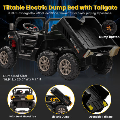 24V Ride on Toys UTV with Remote Control, 4WD 2 Seater Electric Cars for kids,Kids Ride on Dump truck w/ Tipping Bucket Trailer, Shovel, Spring Suspension, Bluetooth Music, Black