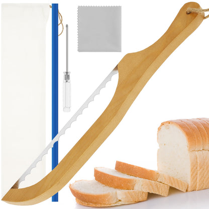 Wooden Bread Knife Bread Bow Cutter 15.7 Inch Bread Saw with Wooden Handle Stainless Steel Sourdough Bread Slicer with 2 Saw Blades Screwdriver Cutter Wipe Cloth Bread Cutter Slicer