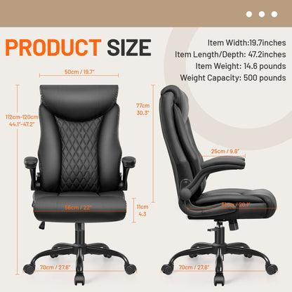 CoolHut Executive Office Chair, Bige and Tall Home Office Chair 500LBS with Adjustable Flip-Up Arm, PU Leather Computer Chairs, Heavy Duty Leather Desk Chairs, Black