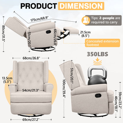 CoolHut 360-Degree Swivel Glider Recliner Chair, Rocking Chair with Ergonomic Design, Armrests, and Decorative Button Accents. Modern, Classic Single Sofa, Beige