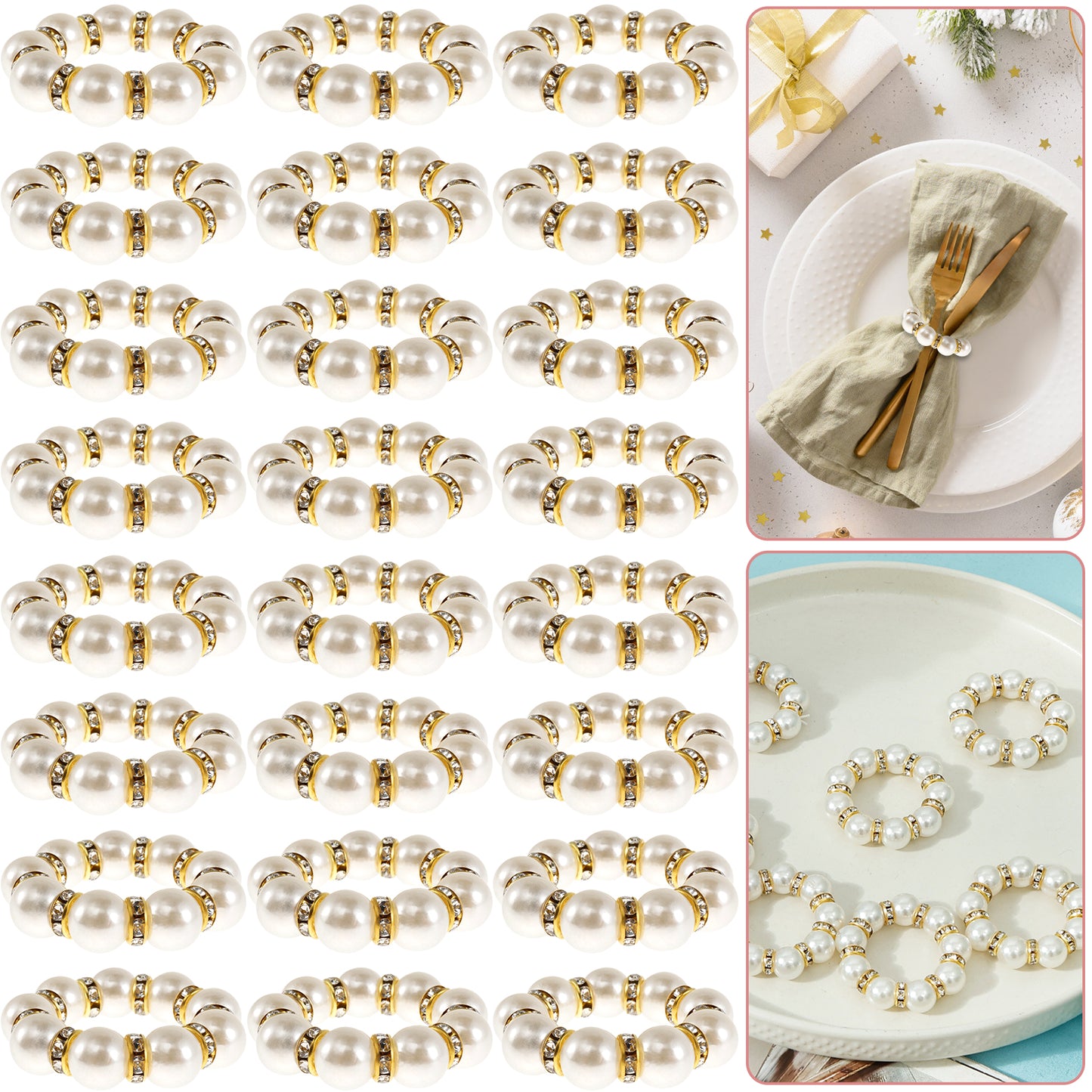 CIVG 24pcs Pearl Napkin Rings Elegant Pearl Beaded Napkin Holder 4cm Stretched Rhinestone Serviette Rings Decorative Beaded Napkins Rings for Wedding Home Table Dinner Party Supplies