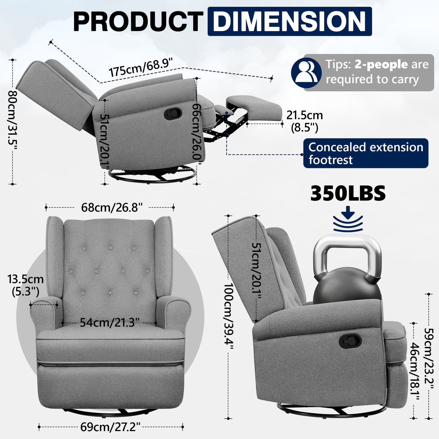 CoolHut 360-Degree Swivel Glider Recliner Chair, Rocking Chair with Ergonomic Design, Armrests, and Decorative Button Accents. Modern, Classic Single Sofa, Perfect for Reading, Gray