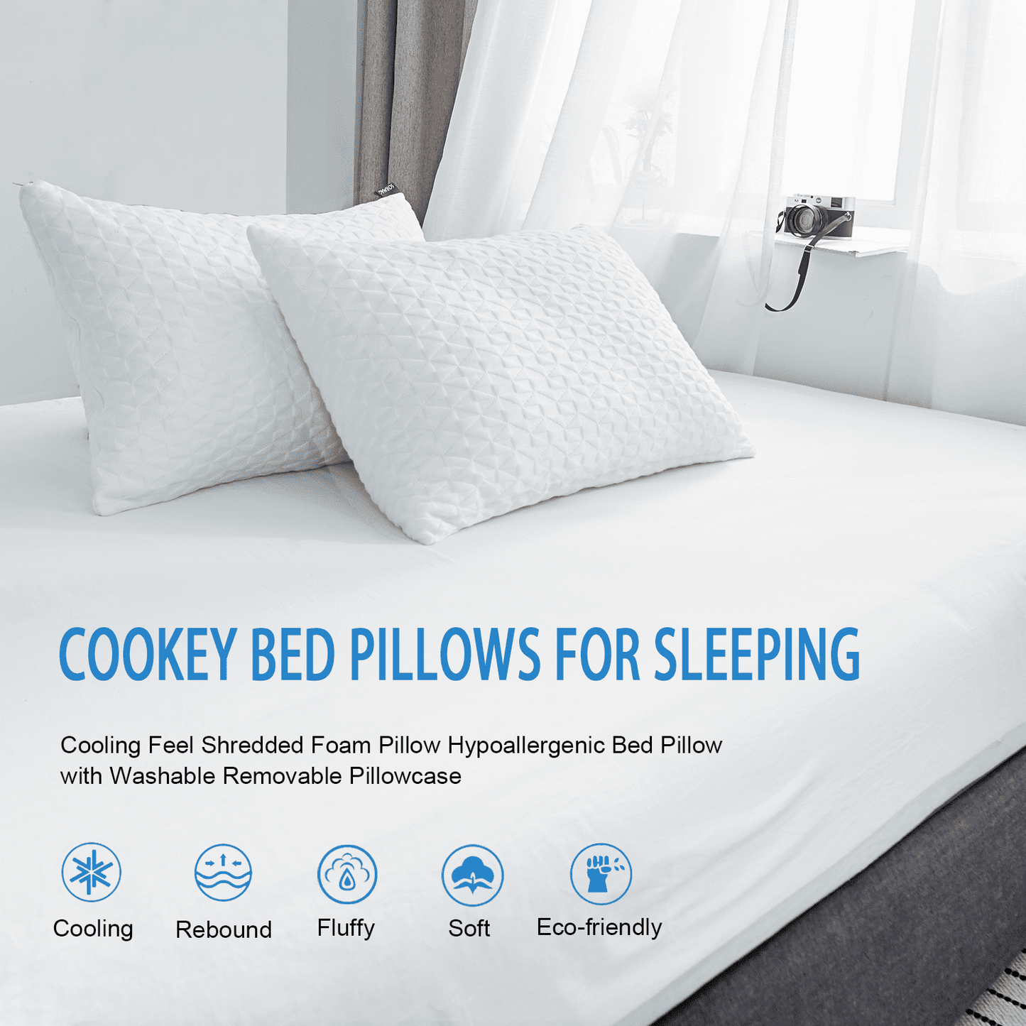 COOKEY Cooling Shredded Memory Foam Pillows,Queen Size Bed Pillow Set of 2 for Side Back Stomach Sleepers.