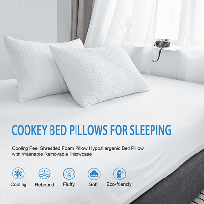 COOKEY Cooling Shredded Memory Foam Pillows,Queen Size Bed Pillow Set of 2 for Side Back Stomach Sleepers.