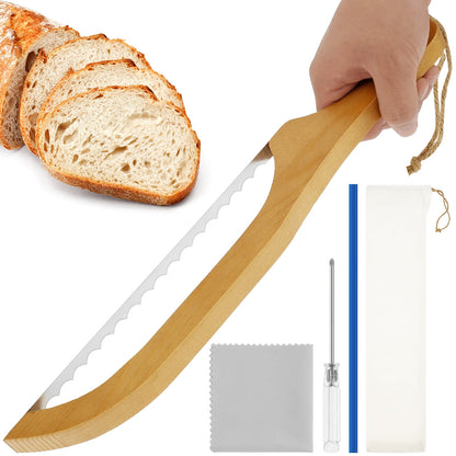 Wooden Bread Knife Bread Bow Cutter 15.7 Inch Bread Saw with Wooden Handle Stainless Steel Sourdough Bread Slicer with 2 Saw Blades Screwdriver Cutter Wipe Cloth Bread Cutter Slicer