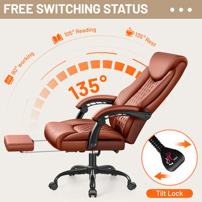 CoolHut Executive Office Chair, Bige and Tall Home Office Chair 500LBS with Footrest, PU Leather Computer Chairs, Heavy Duty Leather Desk Chairs, Brown