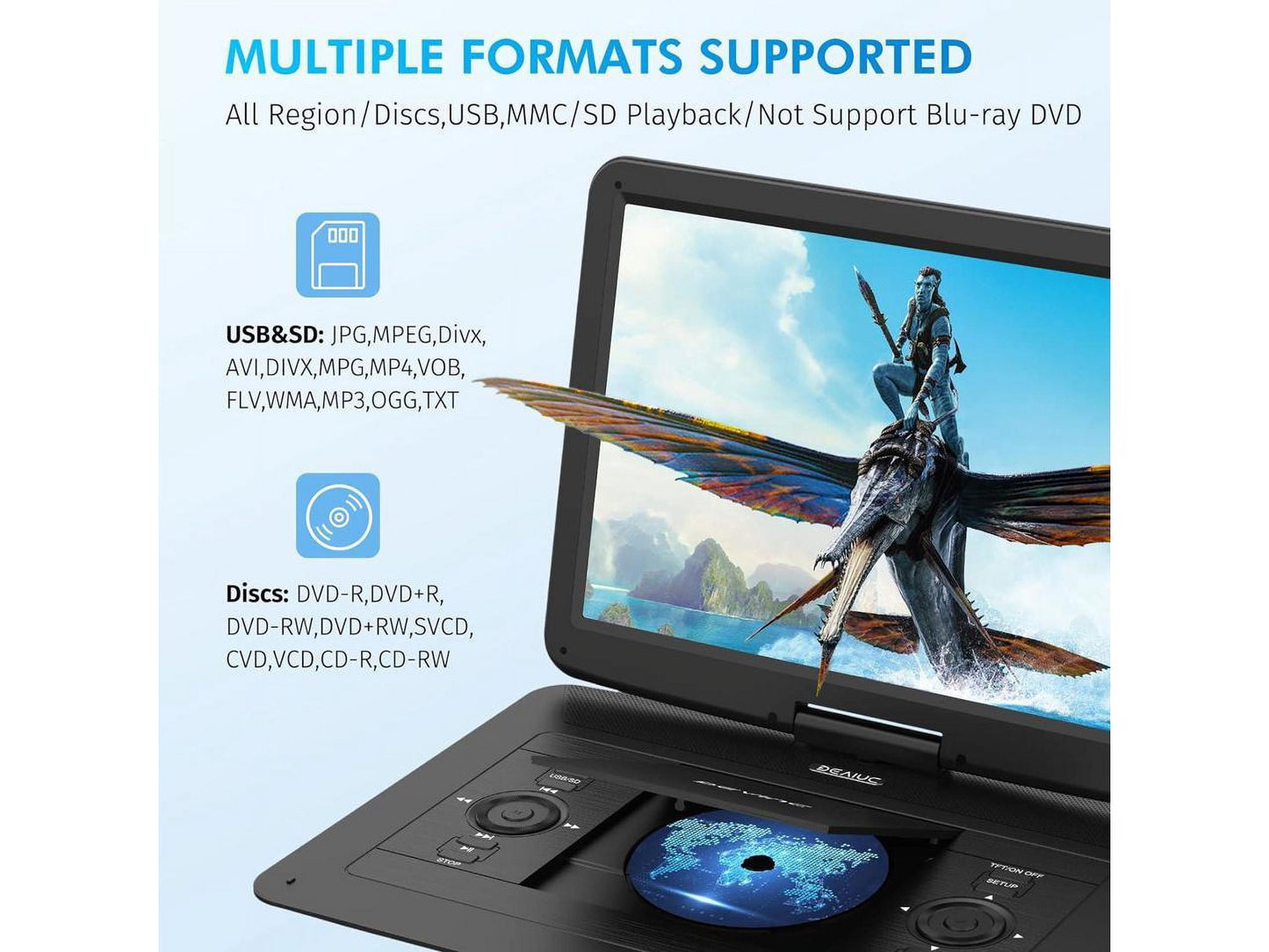 DEVINC 17.9" Portable DVD Player with 15.6" HD Swivel Screen, Support Multiple DVD CD Formats/USB/SD Card/Sync TV, 6 Hours Rechargeable Battery, Car Charger, Remote Control, Region Free