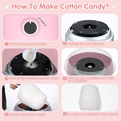 Cotton Candy Machine,Cotton Candy Maker for Kids Adults Homemade Sweet Hard Candy Floss Sugar Maker Machine With Sugar Spoon and 10 Sticks Easy to Clean Birthday Party Children Gift Pink