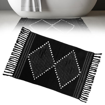 Dznils Black Boho Bathroom Rugs, Farmhouse Geometric Polyester Bath Mat with Tassel, 24" x 35"