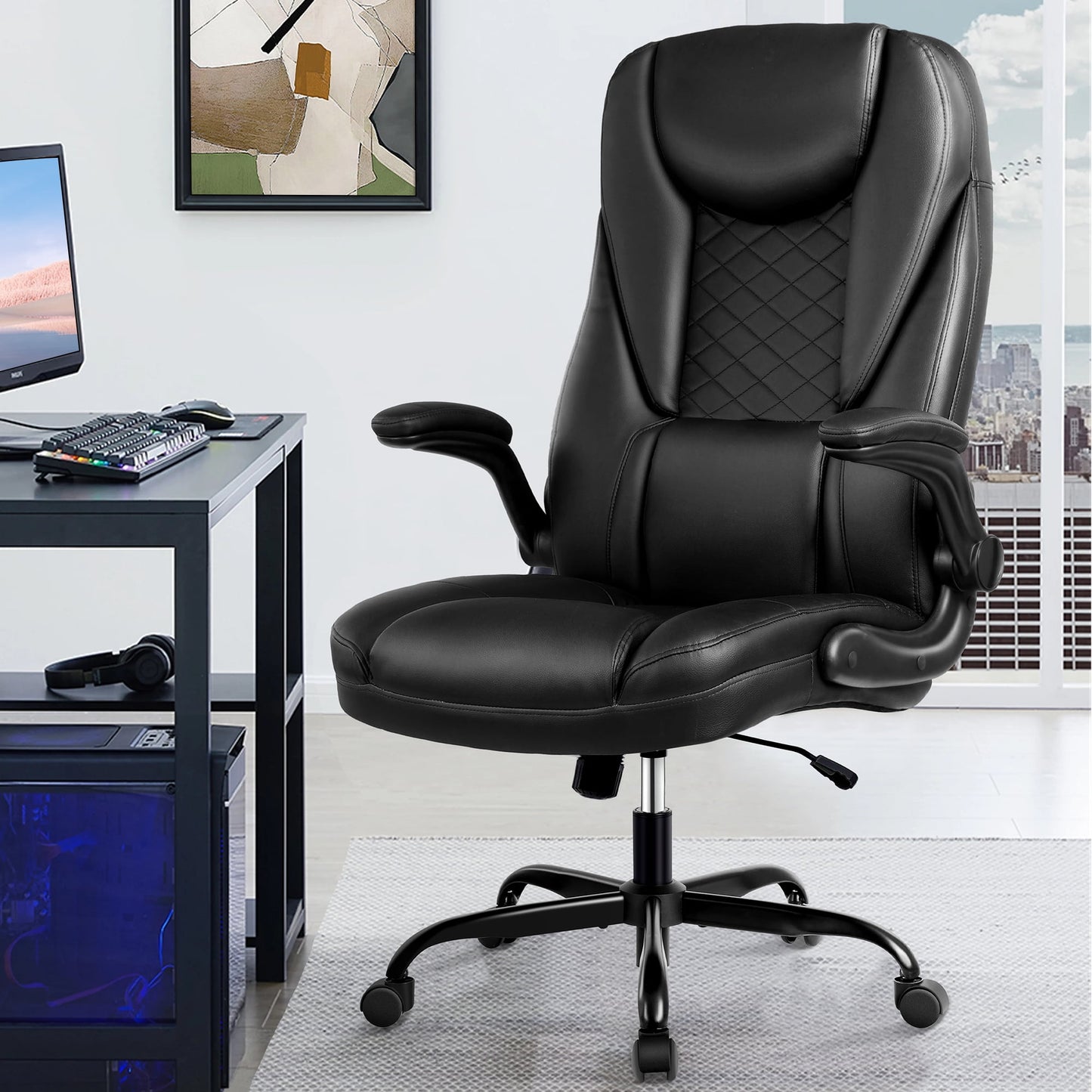 Coolhut Office Chair, Executive Office Chair Big and Tall Office Chair Ergonomic Leather Chair with Lumbar Support, 300lbs, Black