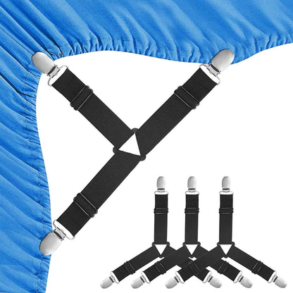 4PCS Bed Sheet Holder Straps, Black Fitted Sheet Clips, Upgraded Triangle Bed Sheet Fasteners for Corners, Elastic Adjustable Bed Sheet Straps for Full, Mattress Covers，Queen, King Twin Bed