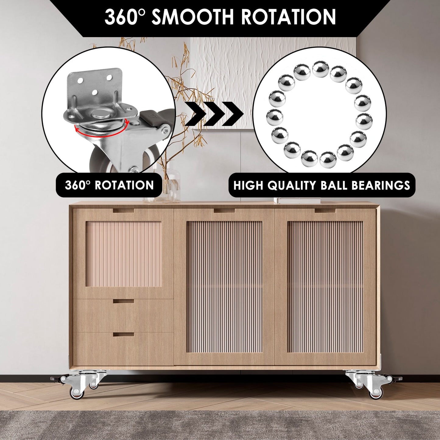 Adifare 4Pcs Caster Wheels,1/1.5/2inch L ShapedSoft Rubber Side Mount Caster Wheel 90° Right Angle Furniture Swivel Castor with Brake 10kg Load Capacity for Cabinet