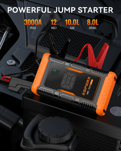 ASPERX 2 IN 1 Car Jumper Box with Air Compressor(Up to 10L Gas/8.0L Diesel Engines)，3000A Battery Jump Starter with USB Fast Charging,Portable Battery Booster for 12V Car SUV Vehicles