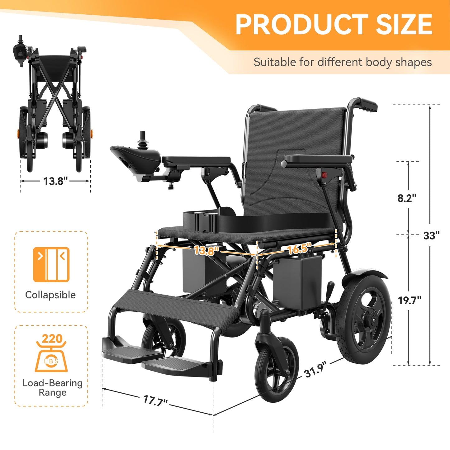 CoolHut Foldable Electric Wheelchair, Smart Motorized Wheelchair for Adults, Long-Range Mobility Scooter, Motor Wheelchair with Power Chair with 360° Joystick, Anti-tipping Device, Black