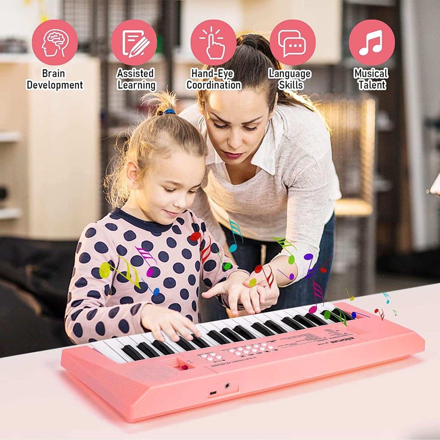 XTeduToys Kids Piano Keyboard, 37 Keys Piano for Kids Music Piano with Microphone Portable Multi-Function Electronic Educational Musical Gift Toys for 3 4 5 6 Year Old Girls Boys Beginners (Pink)