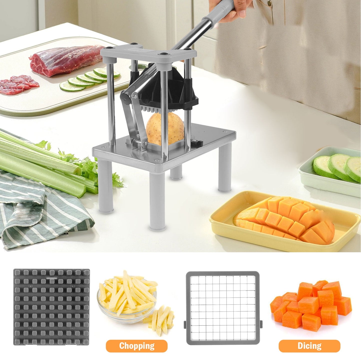 Commercial Vegetable Fruit Chopper French Fry Cutter with 2 Replacement Blades Stainless Steel Vegetable Chopper Dicer Heavy Vertical Potato Dicer Professional Chopper Dicer for Potato Onion Carrot