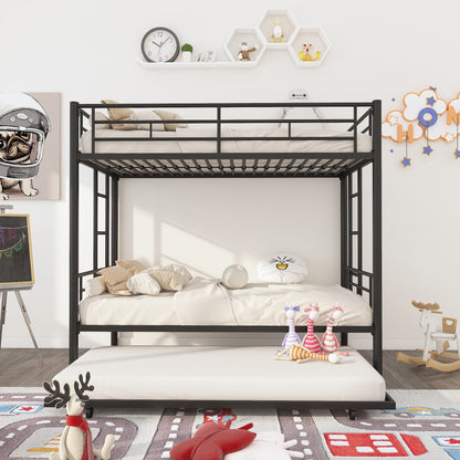 Bunk Bed Twin Over Twin with Trundle, Triple Bunk Beds with Full Length Rail and Two Side Ladders, Heavy Duty Metal Bed for Girls, Boys, Teens and Adults, Black