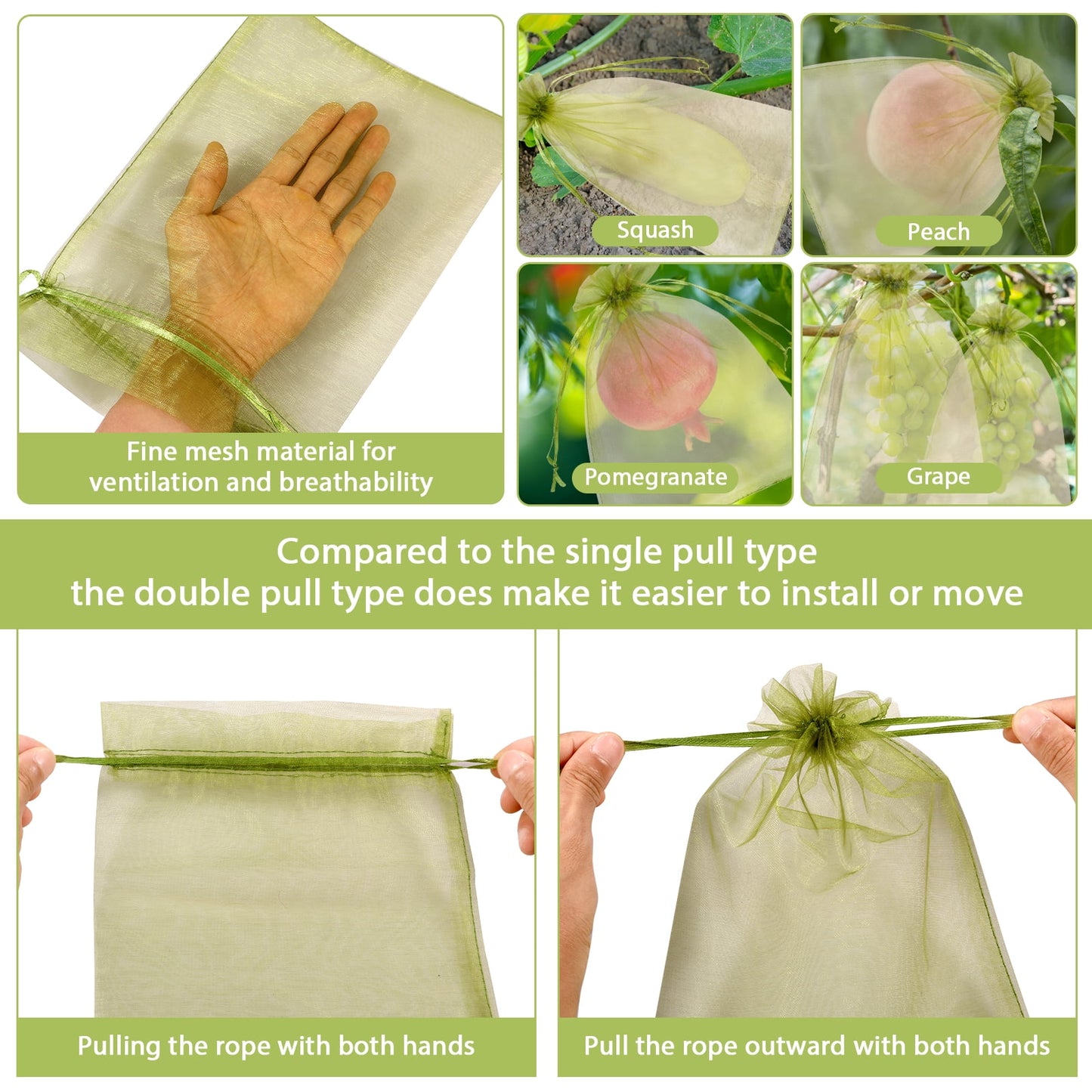 150Pcs Fruit Protection Bags 3 Sizes Fruit Cover Mesh Bag with Drawstring Garden Mesh Barrier Bags to Protect Fruit On Trees Fruit Protection Netting Bag Fruit Netting Bags for Fruit Tree