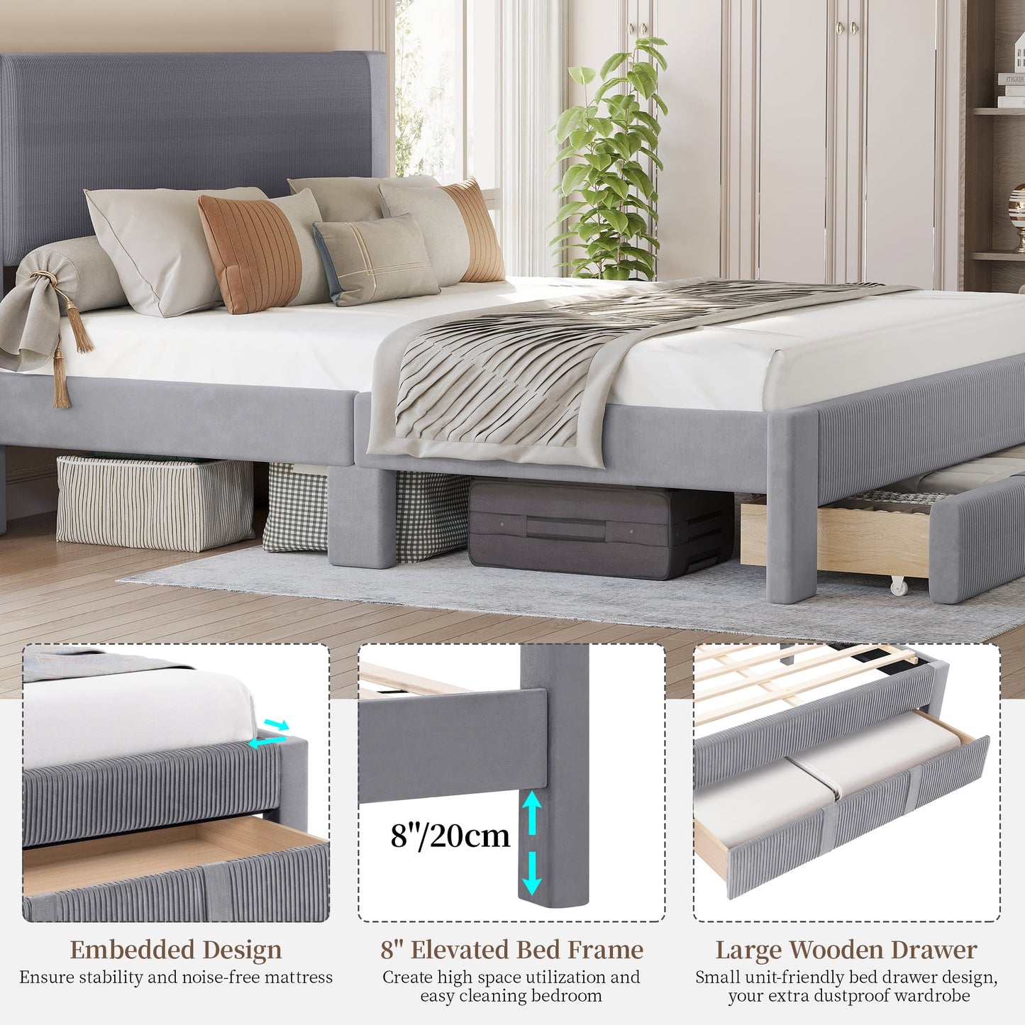 CooHut Queen Bed Frame with Storage Drawers, 12-Slats Solid Wooden Support Bed Frame, Velvet Platform Upholstered Headboard, No Box Spring Needed, Gray