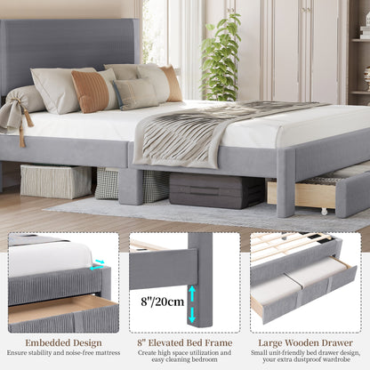 CooHut Queen Bed Frame with Storage Drawers, 12-Slats Solid Wooden Support Bed Frame, Velvet Platform Upholstered Headboard, No Box Spring Needed, Gray