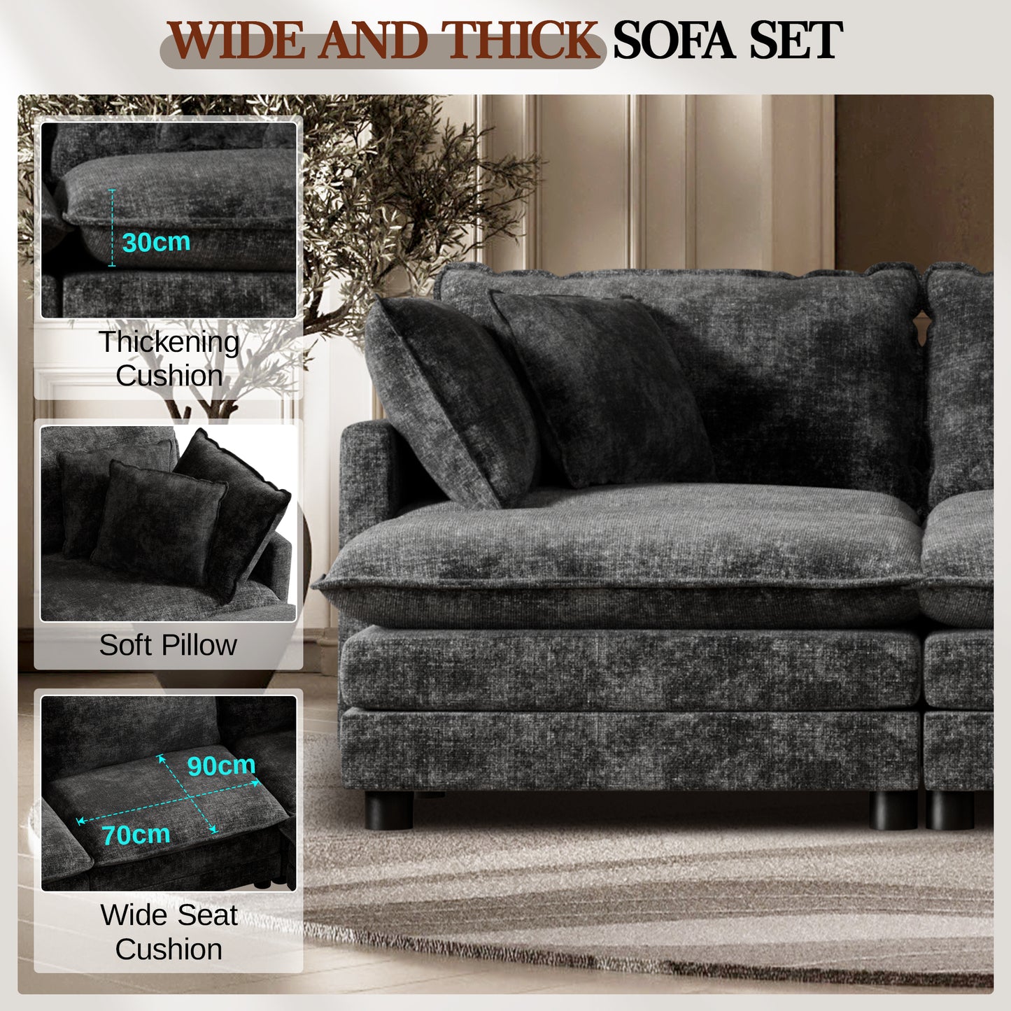 CoolHut Sectional Sofa Couch with 2 Ottoman, 2 Seats Sofa with 4 Pillows, Modern Oversized Sofa Set for Living Room, Dark Gray