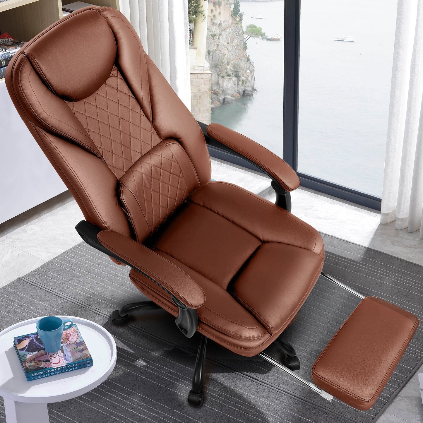 Coolhut Executive Office Chair, Big and Tall Office Chair with Foot Rest Reclining Leather Chair High Back Lumbar Support Ergonomic Office Chair with Padded Armrests