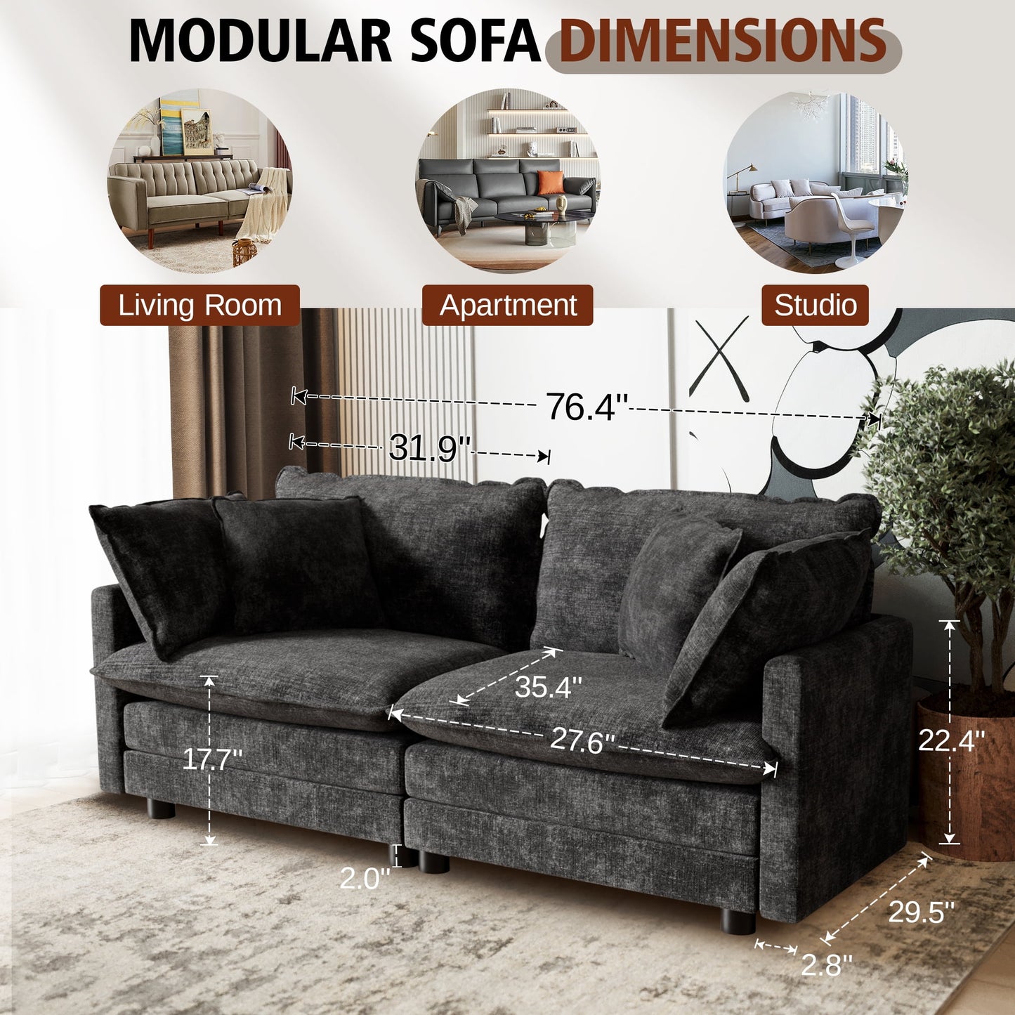 CoolHut Sectional Sofa Couch, 2 Seats Sofa with 4 Pillows, Modern Oversized Sofa Set for Living Room, Dark Gray