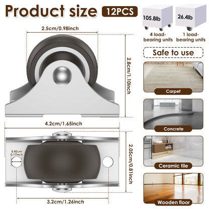 1 inch Mini Caster Wheels for Furniture Low Profile Swivel Casters Set of 12, 8kg Load Capacity Heavy Duty Mini Castors, No Noise Top Plate Swivel Wheels for Hardwood Tile Floors Carpet