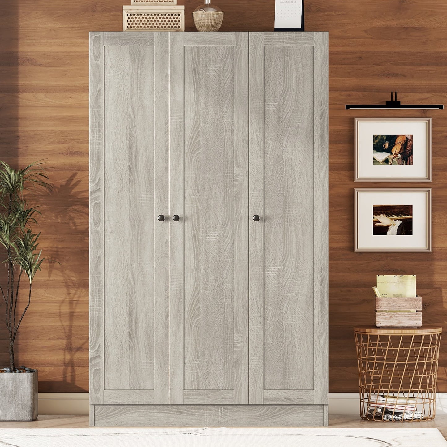 66.9" Freestanding Wardrobe, Modern 3 Doors Large Closet Storage Cabinet with Shelves, Multi-Functional Wood Wardrobe Armoire Closet for Bedroom, Gray