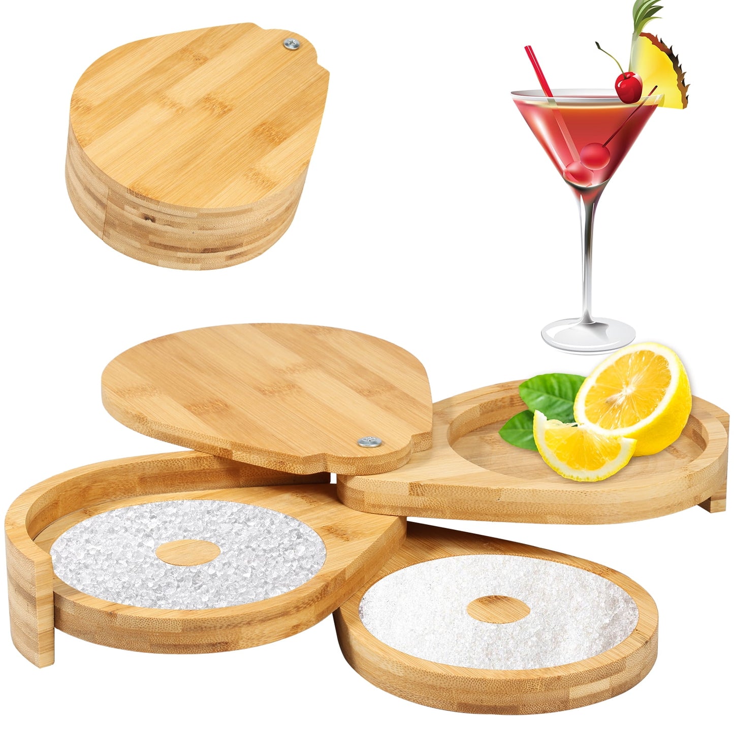 Bamboo Margarita Salt Rimmer Set 3 Tiers Bar Glass Rimmer Cocktail Salt Rimmer with Lid and Sponge Salt and Sugar Rimmer Bartender Tool for Bar House Party Bloody Mary Manhattan Drinks