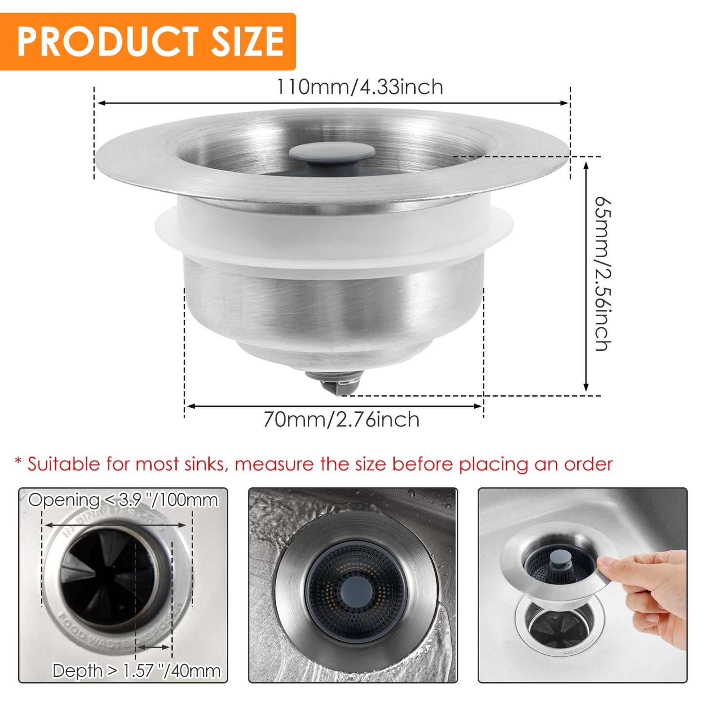 2Pcs Upgraded 3 in 1 Kitchen Sink Drain Strainer and Stopper Combo, Stainless Steel Metal Pop Up Sink Stopper Kitchen Sink Stopper Anti-Clogging Basket Strainer for US Standard 3-1/2 Inch Drain