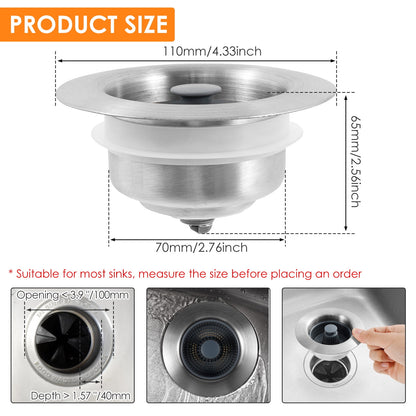 2Pcs Upgraded 3 in 1 Kitchen Sink Drain Strainer and Stopper Combo, Stainless Steel Metal Pop Up Sink Stopper Kitchen Sink Stopper Anti-Clogging Basket Strainer for US Standard 3-1/2 Inch Drain