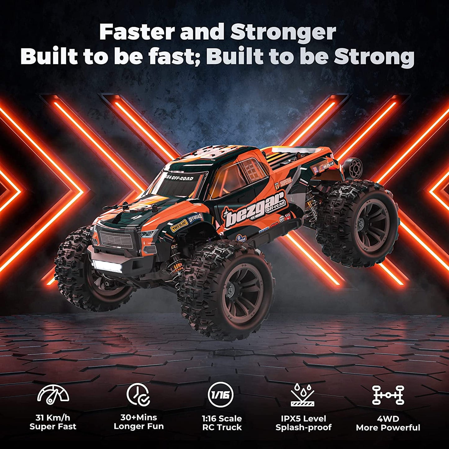 YCFUN 30+KMH 4WD High Speed Remote Control Cars, 1:16 Waterproof RC Monster Trucks for Boys and Adults, w/ Two Batteries